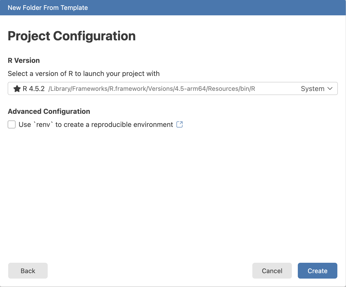 Create R Environment dialog.