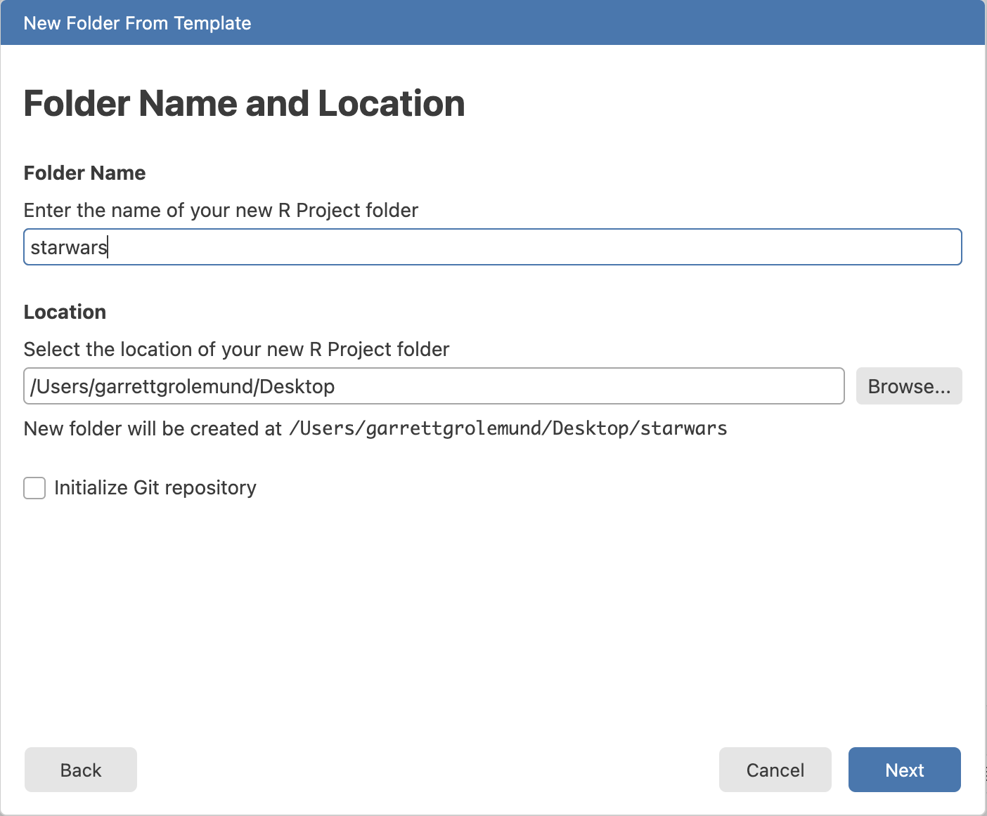 Create R Project dialog.