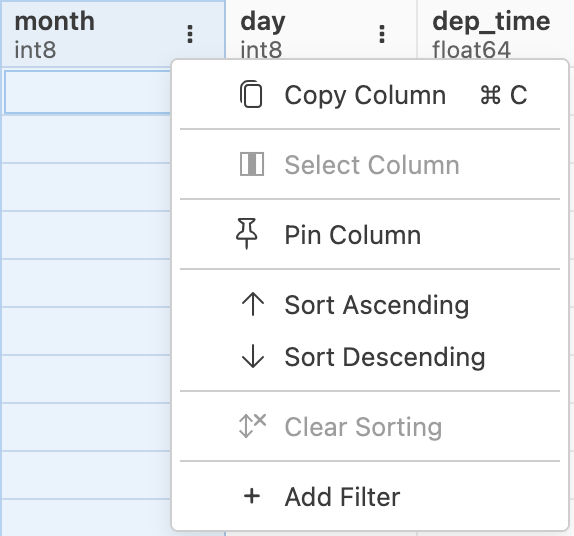 Data explorer column dropdown menu open, showing options: Copy Column, Select Column, Pin Column, Sort Ascending, Sort Descending, Clear Sorting, and Add Filter.