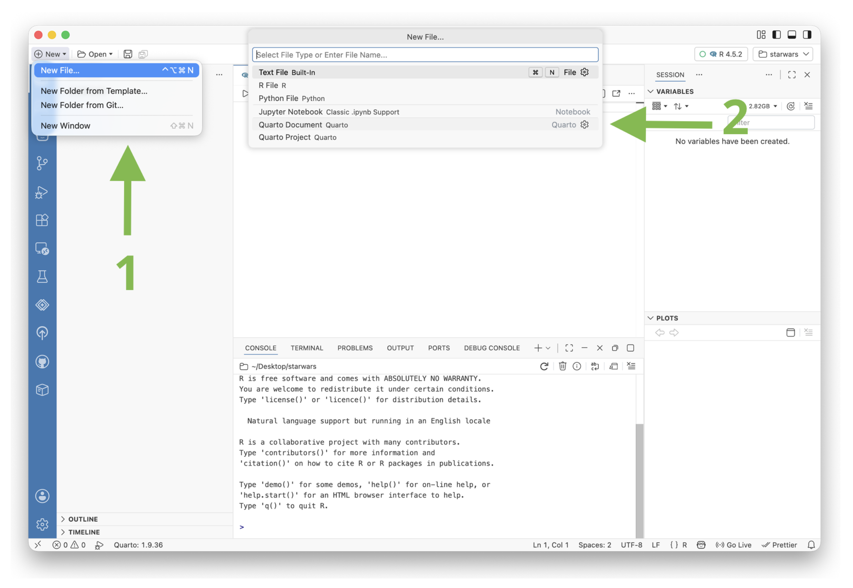 New Quarto Document option in the New File dialog.