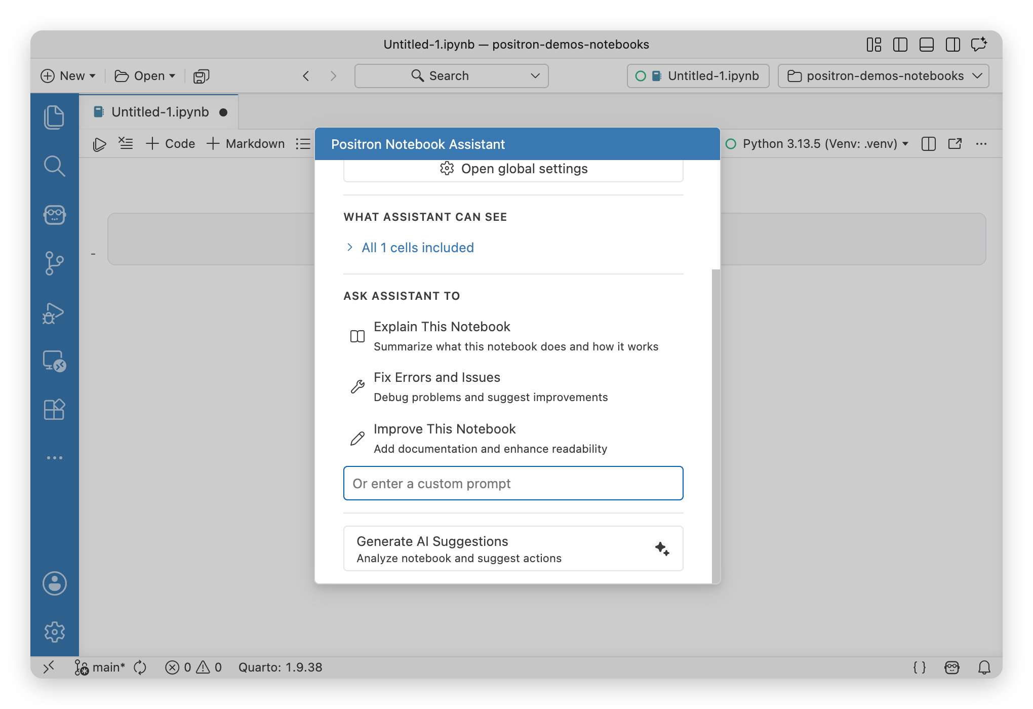 Notebook Assistant panel showing context cells, quick actions like Fix, Explain, and Improve, and AI-generated suggestions based on the notebook state.