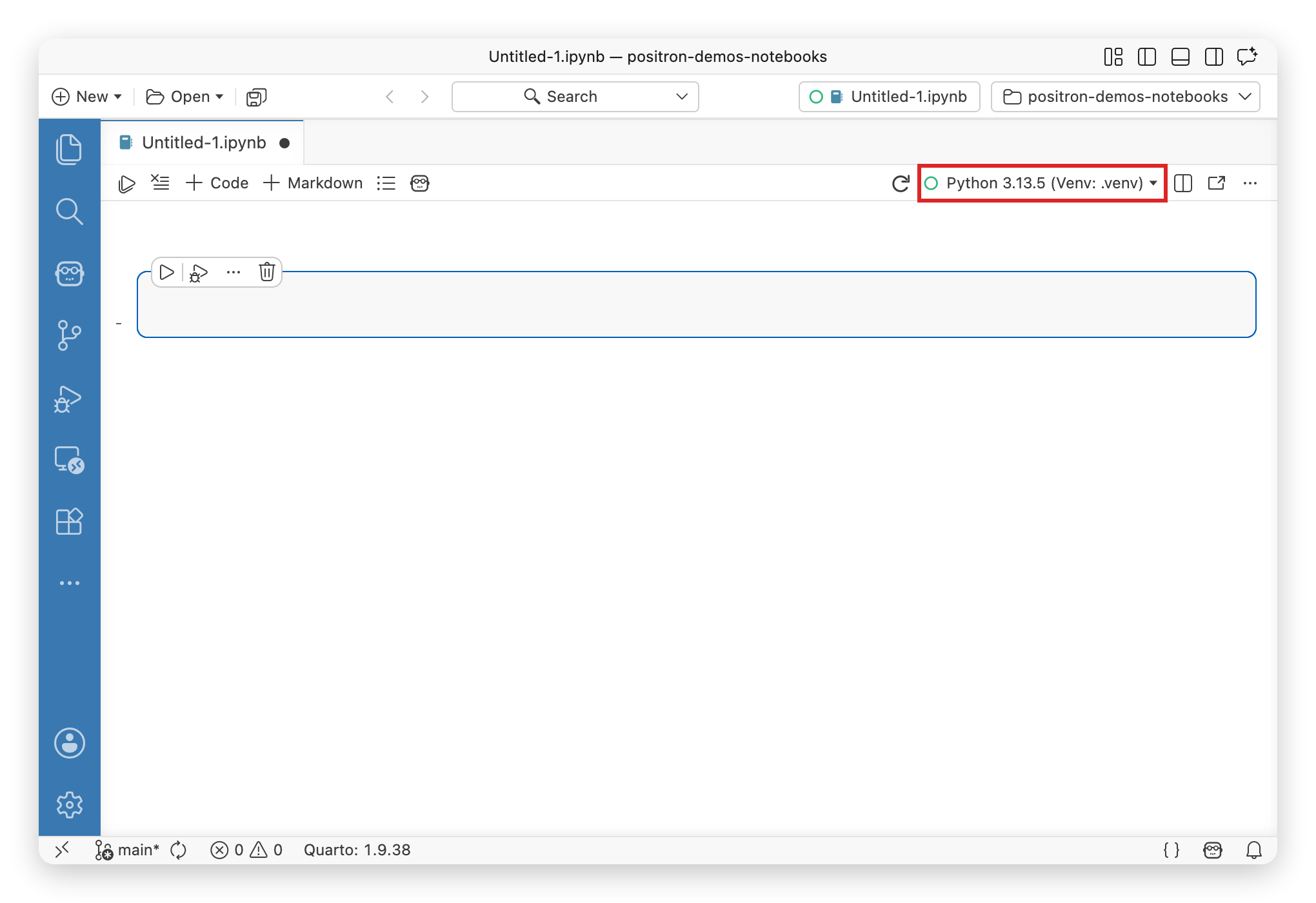 Notebook Editor action bar with the kernel selector dropdown highlighted in red, showing a Python virtual environment selected.