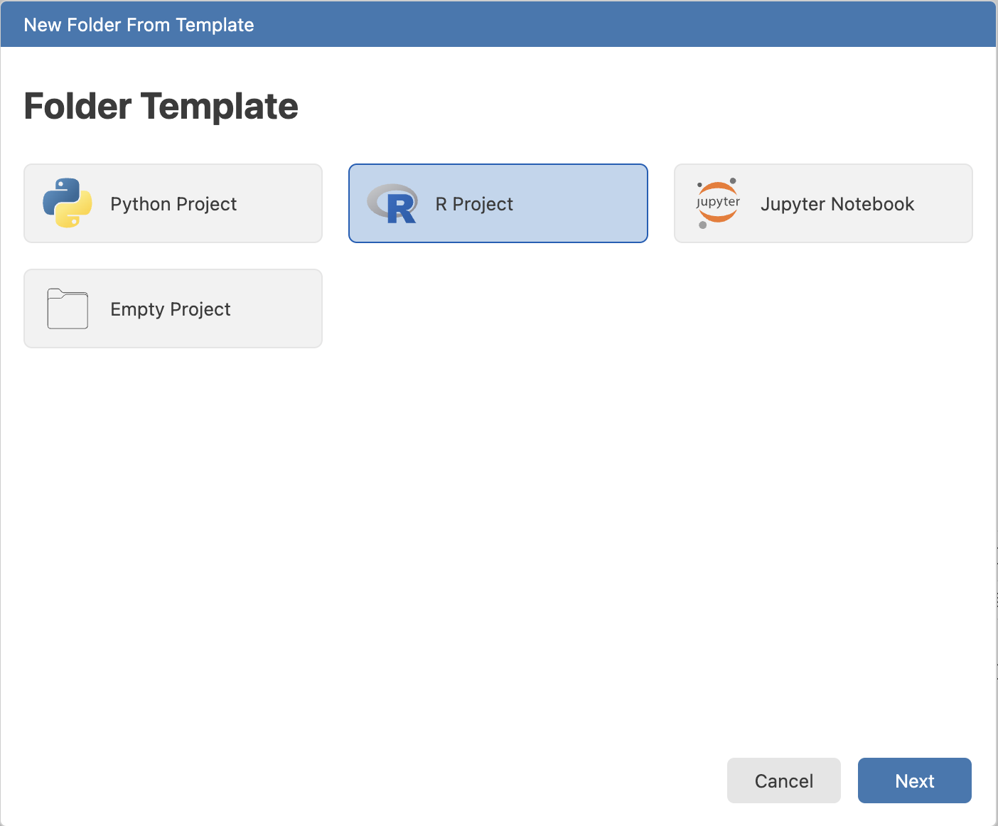 R Project template option in the New Folder from Template dialog.