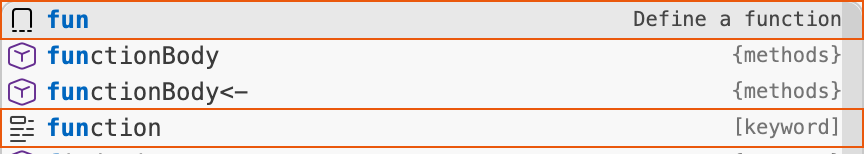 Completion list with rectangles highlighting two entries for the function reserved word, one as a bare keyword completion and another as a snippet
