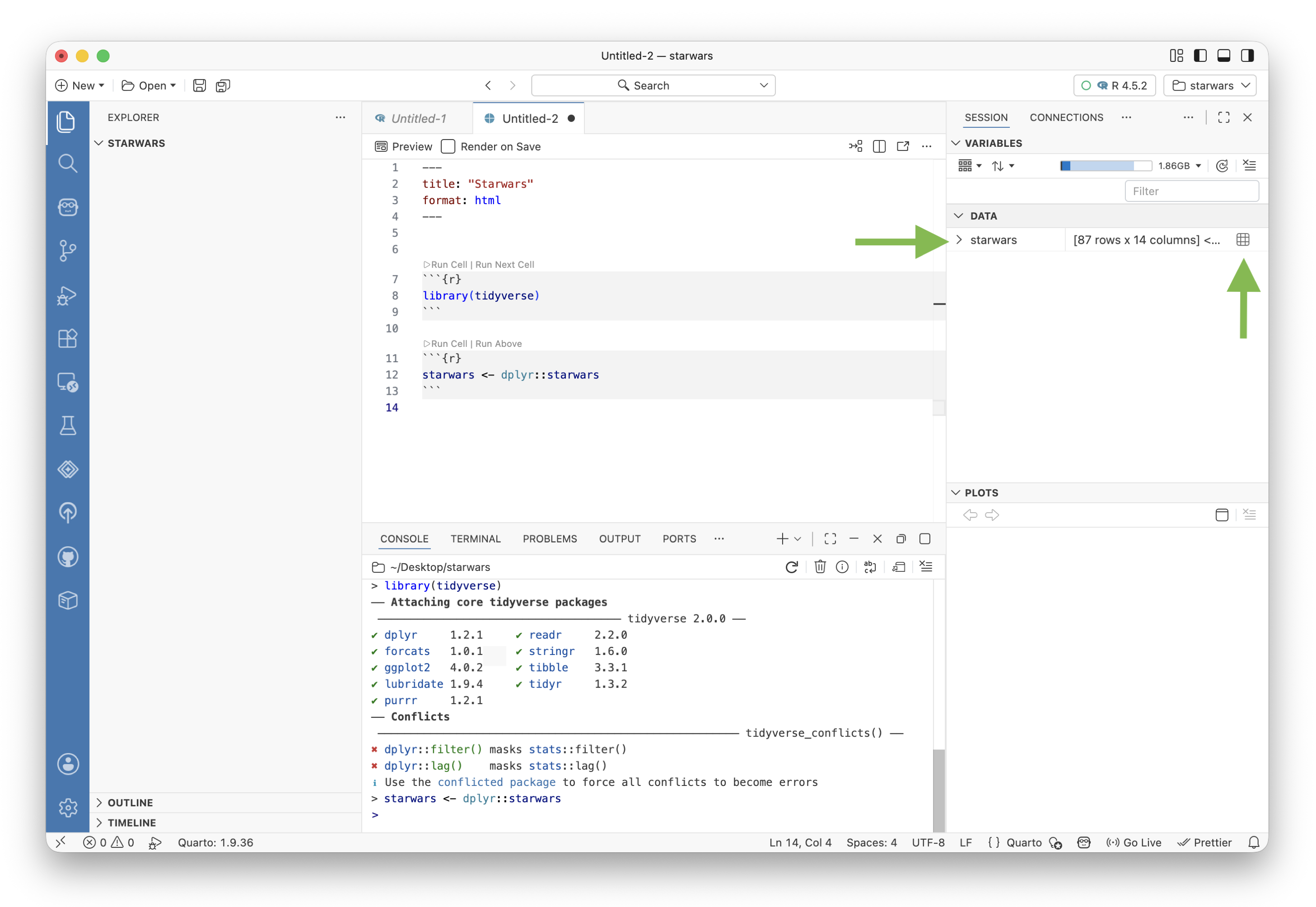 Variables pane showing the starwars dataset variable.